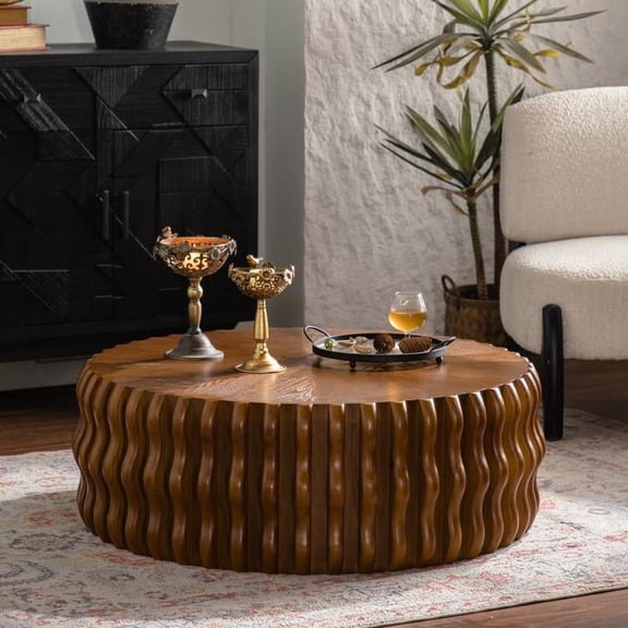 FFZ 37.4 inch Ribbed Wave Round Coffee Table with Solid Wood Top and MDF Body, Walnut