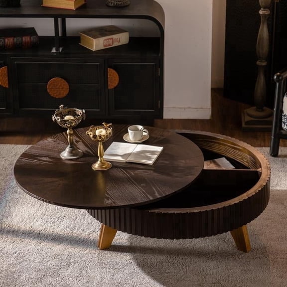 FFZ 39.37 inch Retro Round Coffee Table with Storage and Solid Wood Legs, Brown