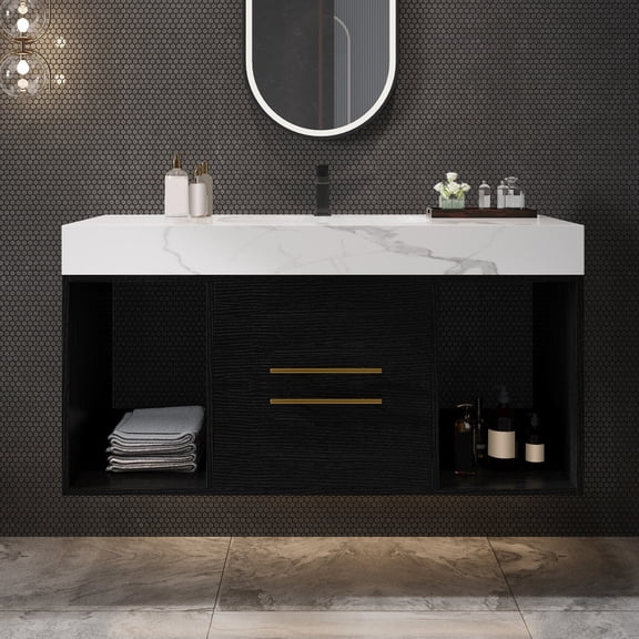 FFZ 39.4" Modern Floating Bathroom Vanity with Sink, Wall-Mounted Bathroom Vanity with Sintered Stone Countertop and 2 Drawers 2 Storage Cabinets, Undercounter Ceramic Sink Cabinet