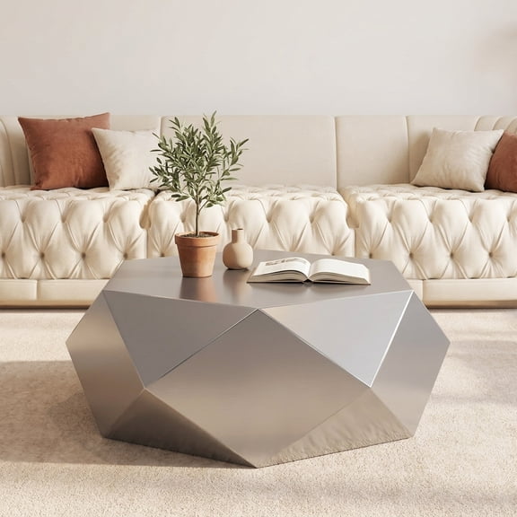 FFZ 39.4" Modern Stainless Steel Coffee Table with Hexagonal Diamond Design, Silver