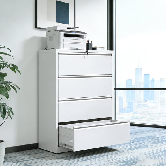 FFZ 4-Drawer Lateral File Cabinet with Anti-Tip Interlock and Central Lock, 35.4 x 15.7 x 52.3 inch, White