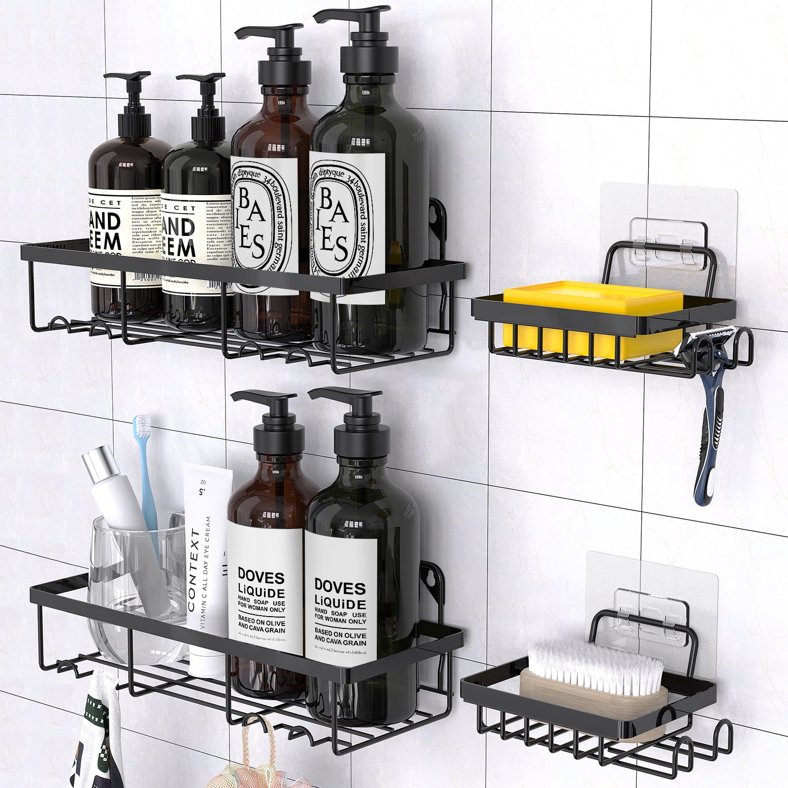YOYAHATEM 4 Pack Shower Caddy Shelf Organizer with Soap Holder, Stainless Steel Bathroom Shelves Basket with Adhesives/Screws, Hooks, Storage Rack for Kitchen Black