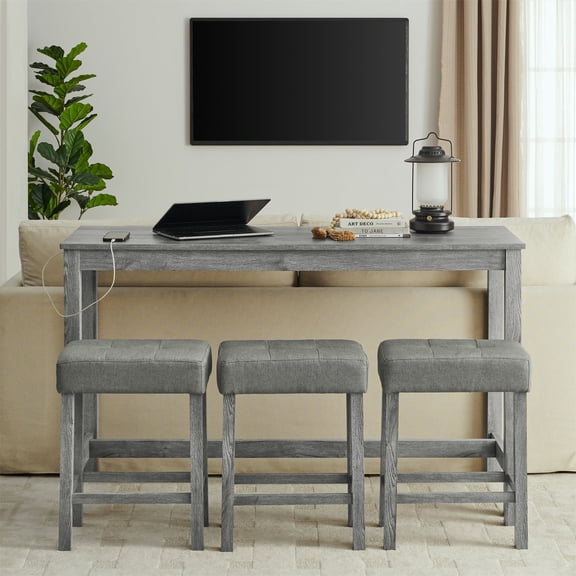 FFZ 59 Inch Bar Table Set with Power Outlet and 3 Stools, Solid Wood+MDF, Brown