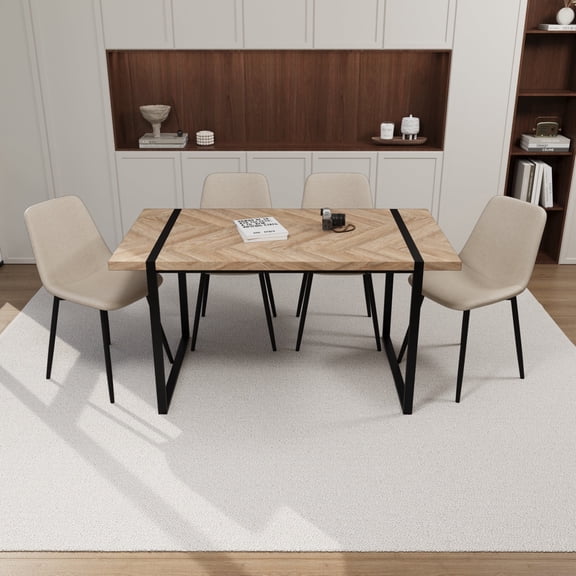 FFZ 59 inch 4-Piece Dining Set with Rectangular Table and Suede Chairs, Beige+Brown