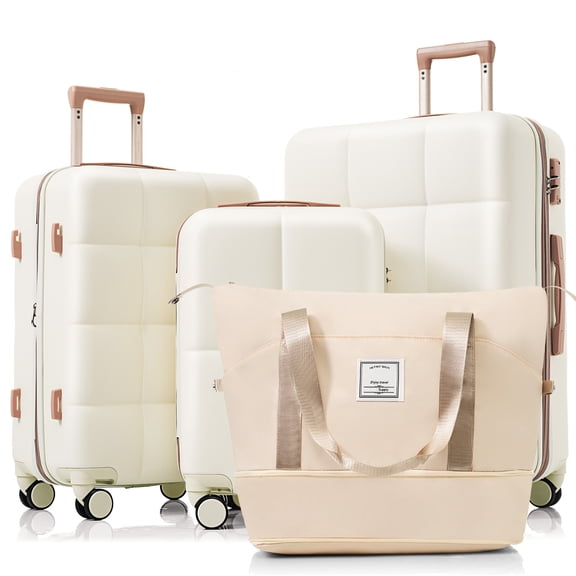 FFZ 4 Piece Luggage Set with Travel Bag, Cup Holder and Spinner Wheels, 29 x 20 x 12 inch, White+Gold