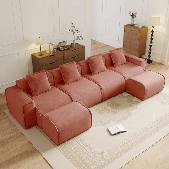 FFZ 4 Seat U Shape Sectional Sofa with French Edge Piping and Velvet Fabric, No Assembly Required, Red