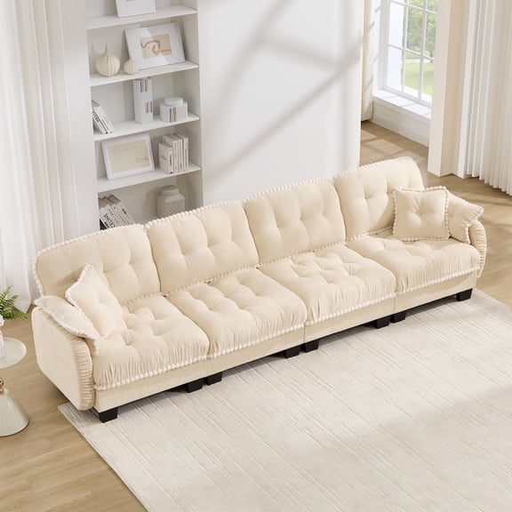 FFZ 4-Seater Chenille Cloud Sofa with Pom-Pom Trim and 4 Pillows, Beige
