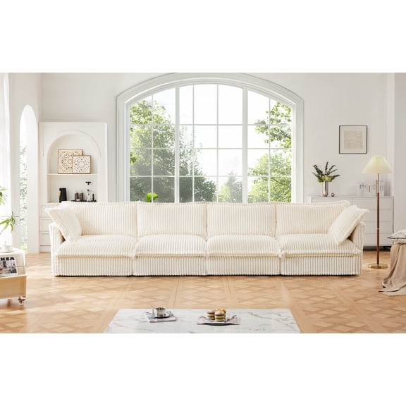 FFZ 4-Seater Cloud Like Comfy Corduroy Sofa Couch with Removable Cover, Cream