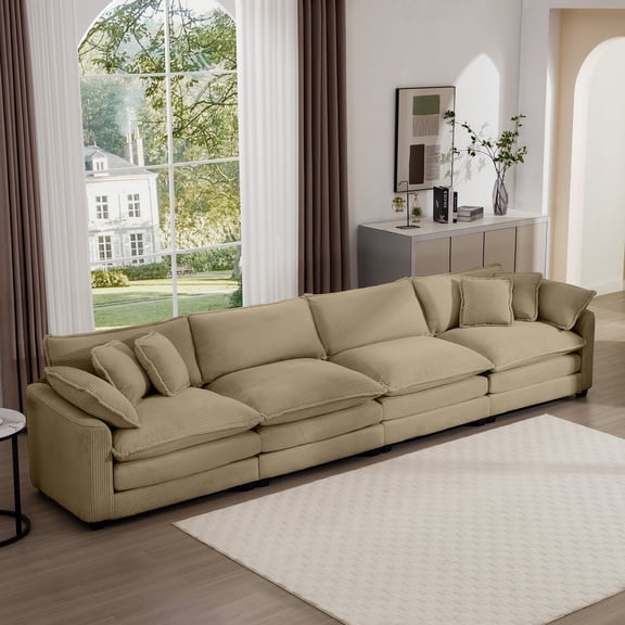 FFZ 4-Seater Corduroy Sofa with 2 Arm Pillows and 4 Throw Pillows, Tan