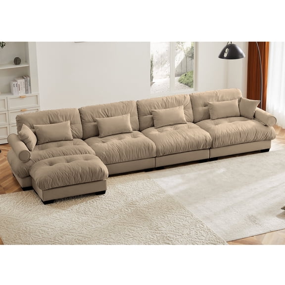 FFZ L-Shaped Cloud Sectional Sofa with Velvet Upholstery and Bolster Armrests, Camel
