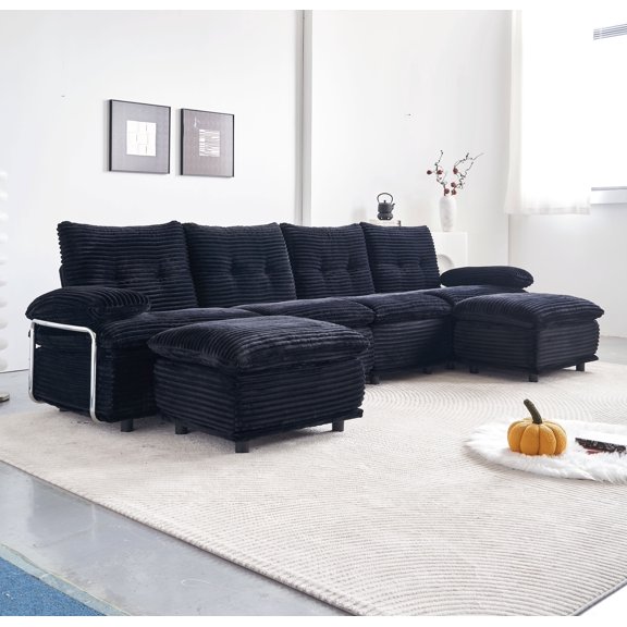 FFZ 4-Seater Modular Corduroy Sofa with 2 Ottomans, Flexible Configuration, 140.94 x 61.41 x 37.4 inch, Black
