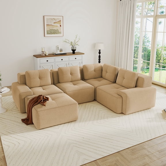 FFZ 4-Seater V-Shaped Modular Sectional Sofa with Movable Ottoman and Corduroy Fabric, Camel