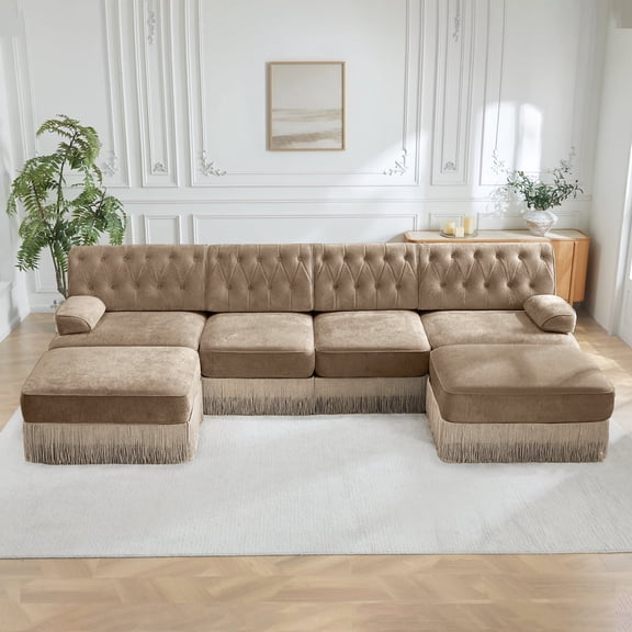 FFZ 4-Seater Modular Sectional Sofa with 2 Ottomans, Tassel Skirt and Button Tufted Design, Camel