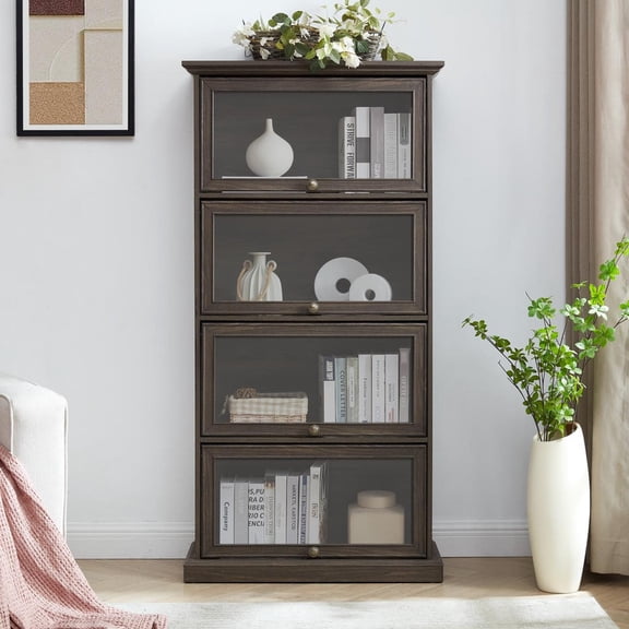 FFZ 4 Tier Glass Display Storage Curio Cabinet With Flip Up Doors Collectors Showcase Bookcase Brown