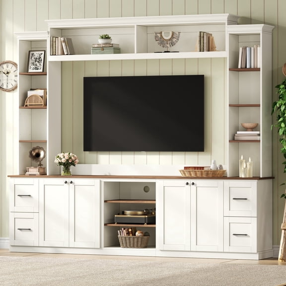 FFZ 4-in-1 Entertainment Center with Bookshelf and 4 Drawers, 94.8 x 15.7 x 82.6 inch, White
