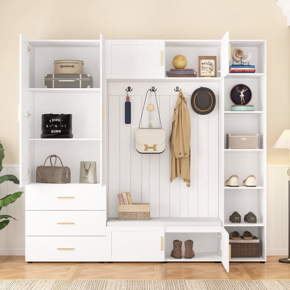 FFZ 4-in-1 Hall Tree with Padded Bench, 4 Hooks, Adjustable Shelves, Ancient White