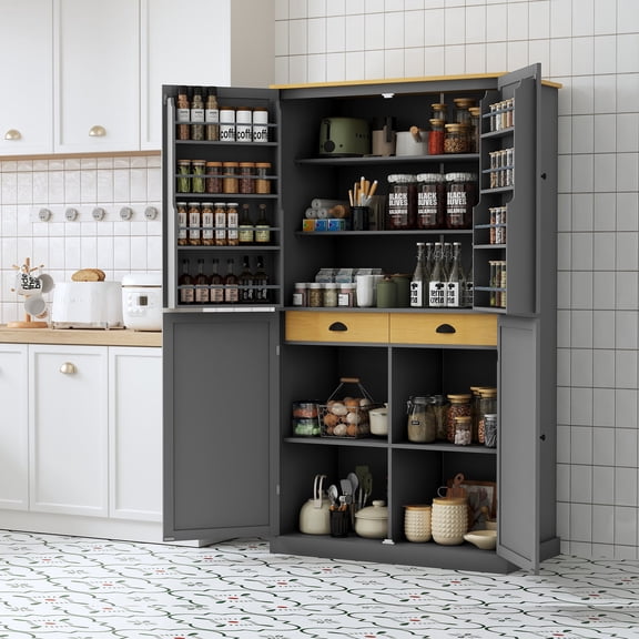 FFZ Large Kitchen Pantry with 8 Door Shelves, 2 Drawers and Adjustable Shelves, Gray