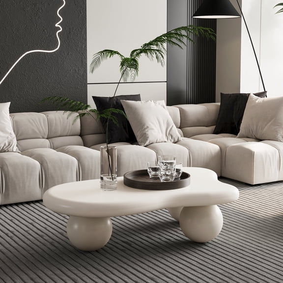 FFZ 40 Inch Cloud Shaped Coffee Table With 3 Ball Legs For Living Room, Cream White