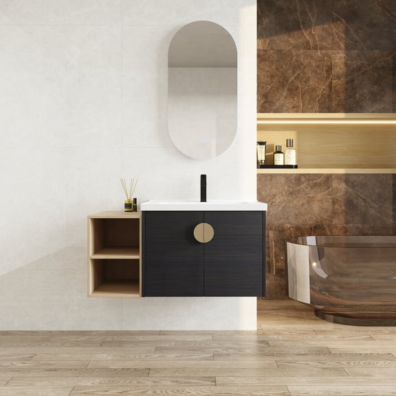 FFZ 40 Inch Wall Mounted Bathroom Vanity with Ceramic Sink and Storage Shelves, Black Chestnut