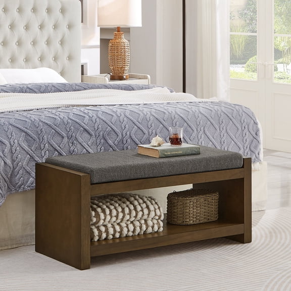 FFZ 40"L Accent Bench with Lower Shelf and Padded Seating, Granite