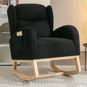 FFZ 40"Tall Teddy Fabric Wingback Rocking Chair with Storage Pocket and Solid Wood Base, Black