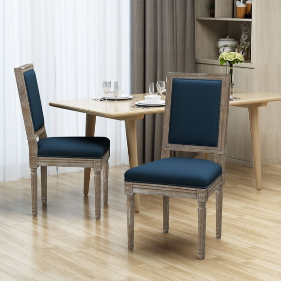 FFZ 40"Tall Traditional Fabric Dining Chair Set of 2 with Weathered Wood Finish, Navy Blue