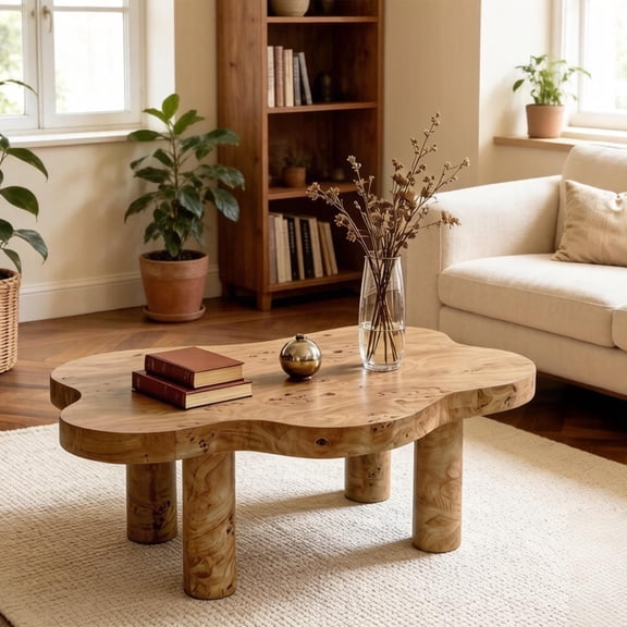 FFZ 40 inch Cloud-Shaped Coffee Table with 4 Round Legs, MDF Construction, Natural Wood