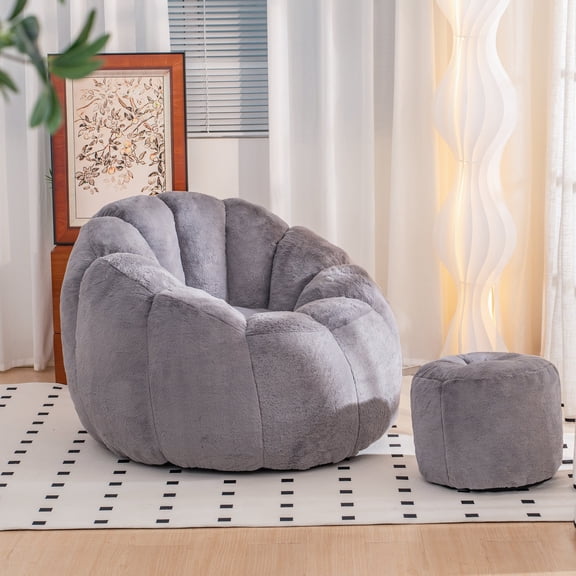 FFZ 41"L Giant Oversized Faux Fur Bean Bag Chair with Filler, Gray