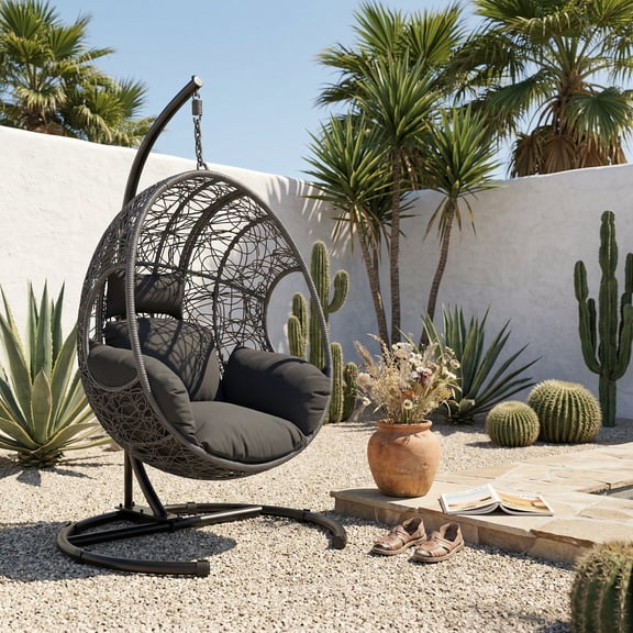 FFZ 42 inch Extra-Wide U-Base Hanging Egg Chair with 400 lb Capacity and Weatherproof PE Rattan, Gray