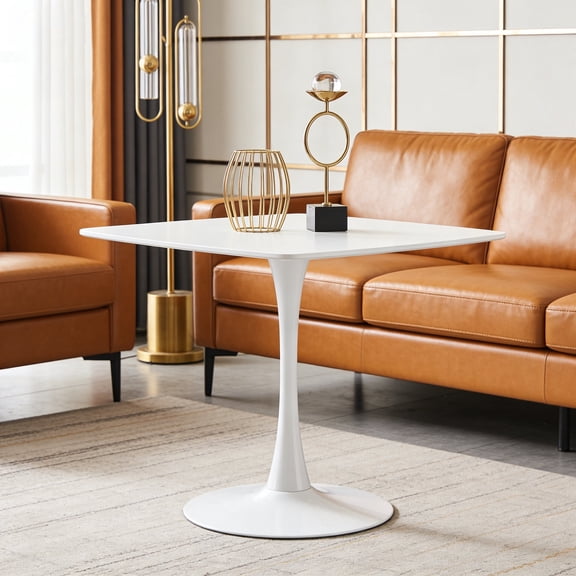 FFZ 42 inch Mid-Century Modern Pedestal Dining Table with Metal Legs, White