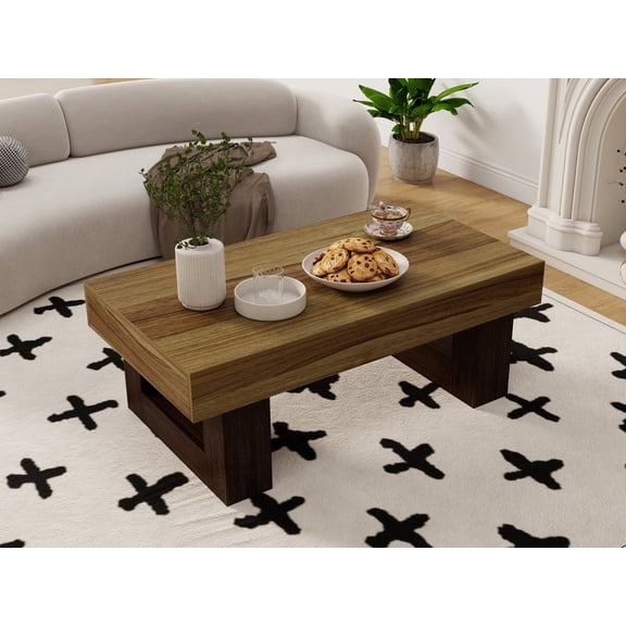 FFZ 42 Inch Wood Rectangular Coffee Table with Sturdy Base, Rustic Brown