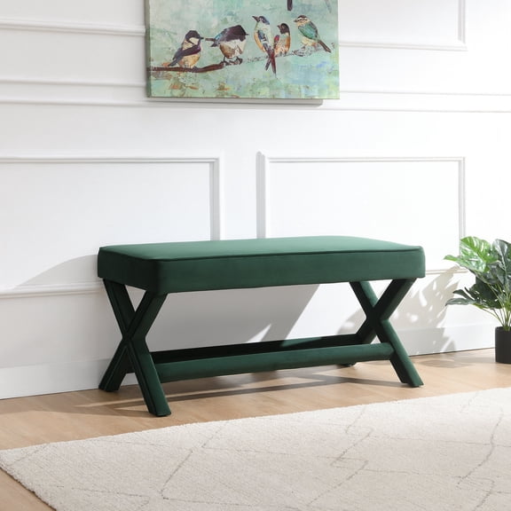 FFZ 42"L Double Velvet Bench with X-Crossed Legs and Piping, Green
