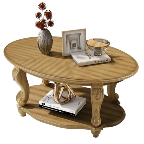 FFZ 42 inch Oval Wood Coffee Table with Open Storage Shelf, Antique Natural