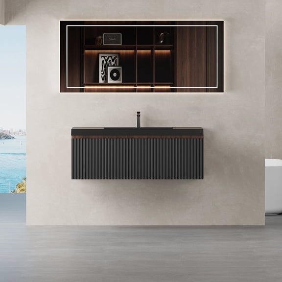 FFZ 42 inch Floating Bathroom Vanity with Sink, Engineered Wood with Wave-Textured Drawers, Walnut+black