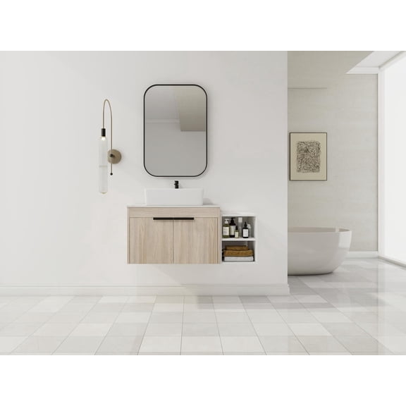FFZ 42 inch Modern Floating Bathroom Vanity with Ceramic Art Sink, White Stone Slab, Storage, White Oak