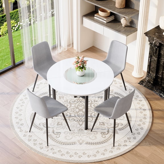 FFZ 42 inch Modern Minimalist Round White Desktop Dining Table Set With 4 Linen Chairs Curved Cushion, Light Gray