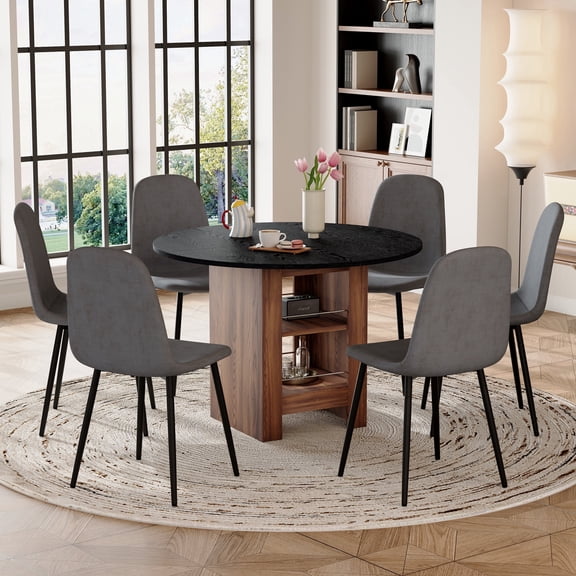 FFZ 42 inch Round Dining Table Set with 6 Chairs, Double Storage Shelves and Metal Legs, Black+Brown
