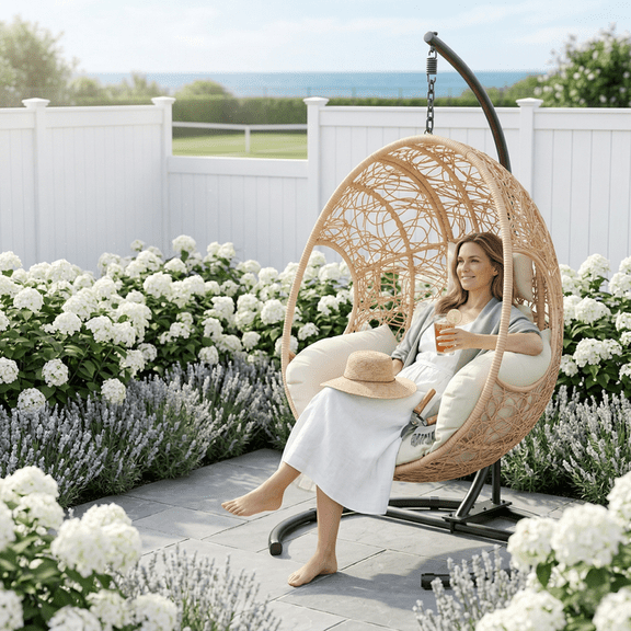 FFZ 42 inch Wide U-Base Hanging Egg Chair 400lb Capacity with 8 inch Cushion for Balcony
