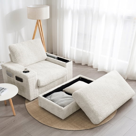 FFZ 42inch Oversized Single Sofa Faux Rabbit Fur Armchair with Storage Ottoman, Beige