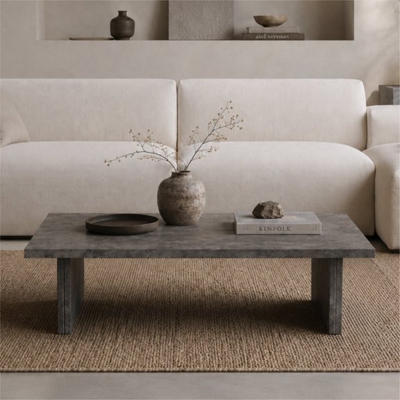 FFZ 43.3" Modern Faux Concrete Coffee Table with Slab Legs, Rectangle Stone Look Center Table, Gray