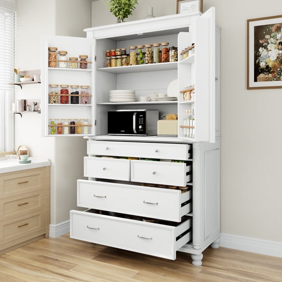 FFZ 43.3" Tall Kitchen Pantry with 6 Door Shelves, 5 Drawers and Adjustable Shelves, White