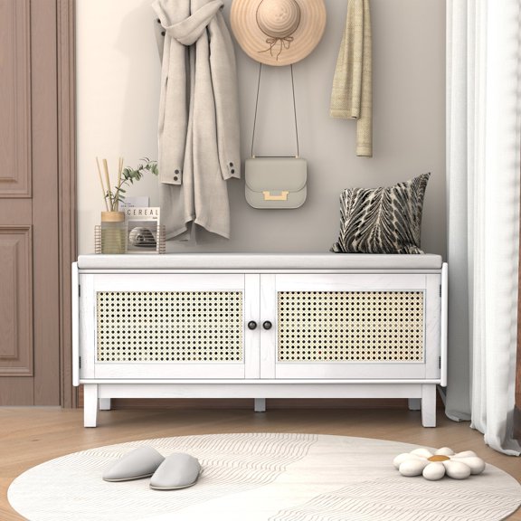 FFZ 43"L Boho Rattan Entryway Bench with Storage, Cushioned Shoe Bench with Double Doors, Beige+White