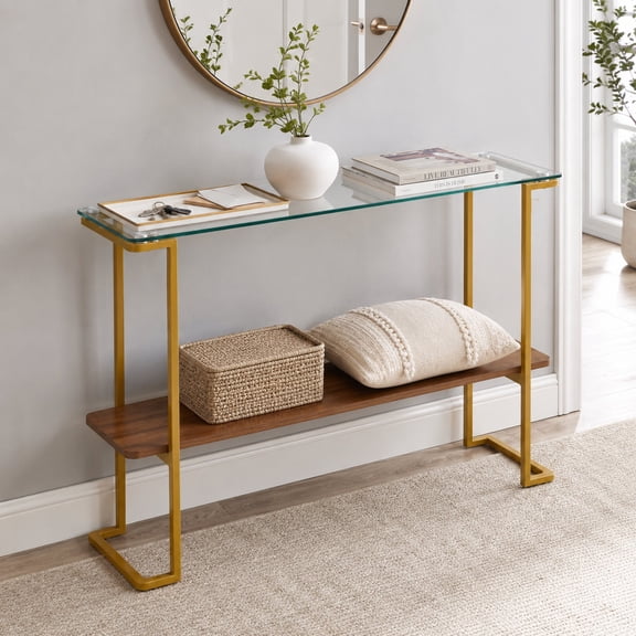 FFZ 43"L Console Table with Tempered Glass Top, Walnut Shelf and Gold Metal Frame, Gold+Walnut