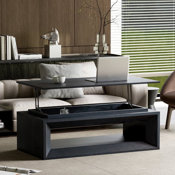 FFZ 43.3 inch Lift Top Coffee Table with Hidden Storage and Floating Tabletop, Solid Wood+MDF, Black