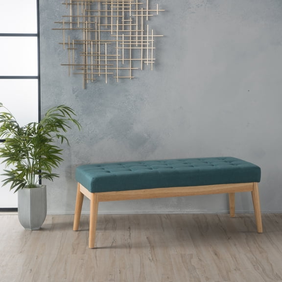 FFZ 44"L Streamlined Upholstered Ottoman Bench with Button Tufting and Birch Wood Legs, Teal