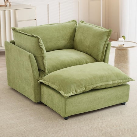 FFZ Cozy Upholstered Armchair Sofa with Movable Ottoman, 45.2 inch, Green