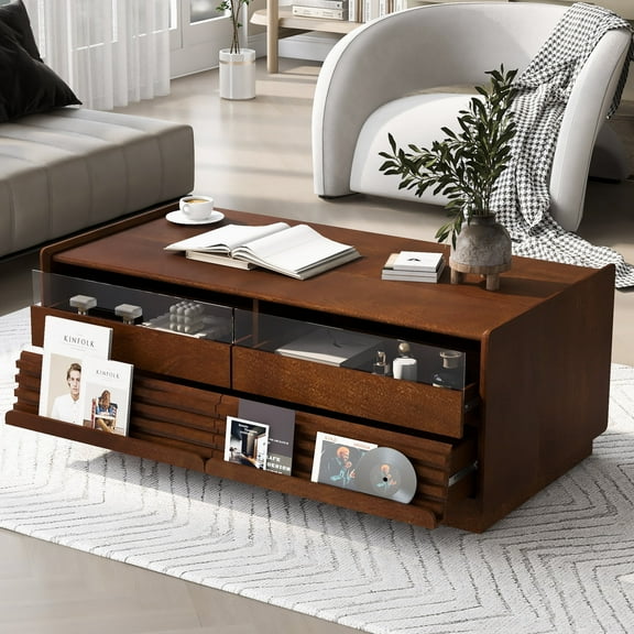 FFZ Modern Rectangle Coffee Table with 4 Drawers, 2 Display Shelves and Tempered Glass, 47.2, Brown