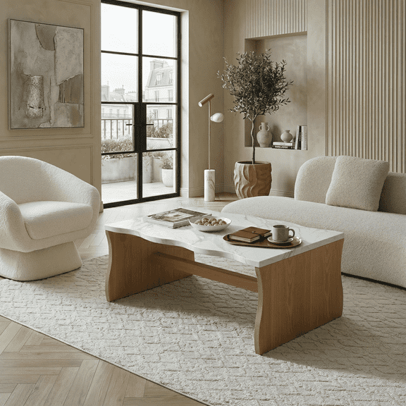 FFZ 47.24 inch Modern Coffee Table with Faux Marble Top and Fiberboard Base, Natural Wood