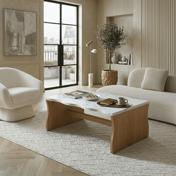 FFZ 47.24" Whisper of Waves Modern Coffee Table, White Faux Marble Table Top w/ Solid Wood Veneered Base, Organic Shape Accent Table, Cocktail Table for Living Room Apartment Office, Natural Wood