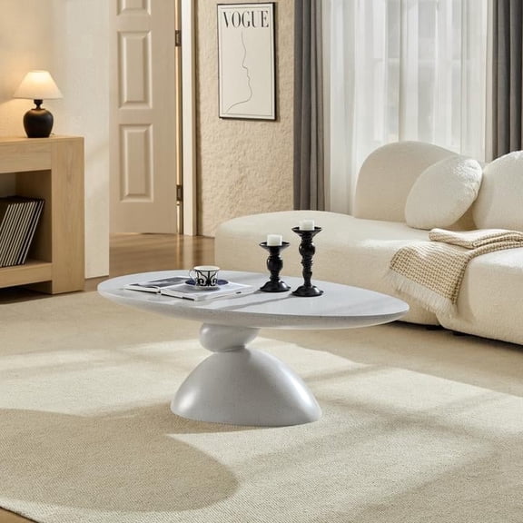 FFZ 47.24 inch Lucky Stone-Shaped Elliptical Coffee Table with Fiberglass Base, Stone Gray